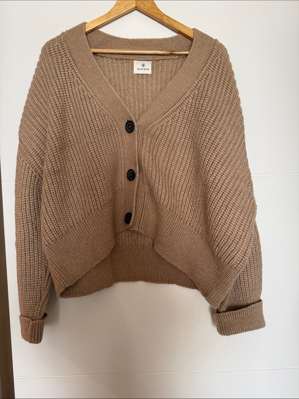 Anine Bing Tan Cropped V-Neck Button Cardigan